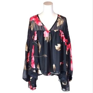 LET THEM EAT CAKE Floral Chiffon Blouse Black Pink High Low Top L